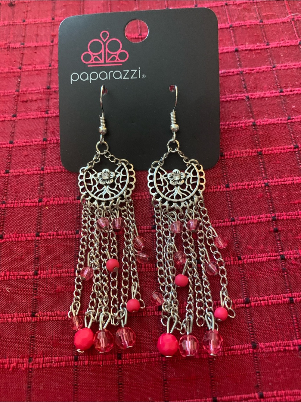 paparazzi Silver Filigree Tassel Earrings with Pink Beads